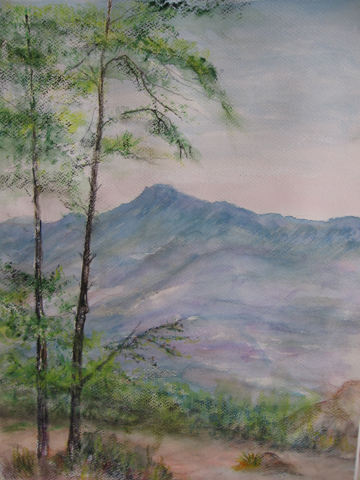 a painting of a mountain scene
